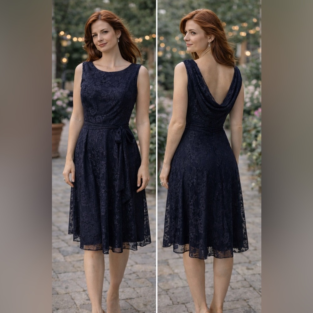 Tahari Levine Nicole Dress 8 A Line Navy Blue Drape Back NWT $148 Wedding Party